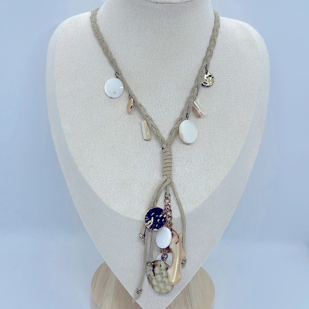 Large leather necklace with mother of pearl charms